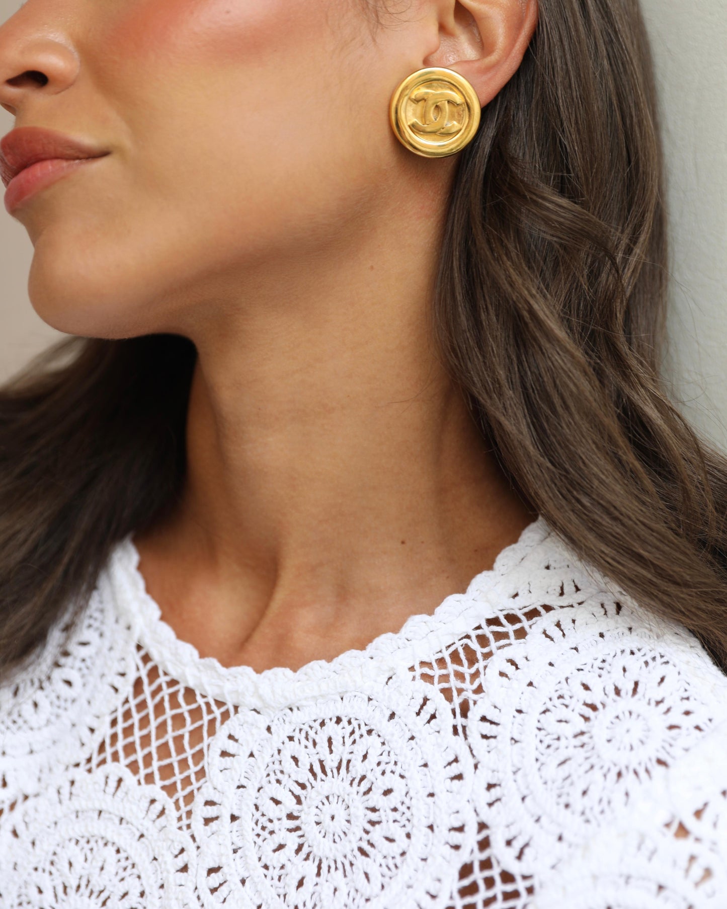 Chanel   Gold Classic Round Clip-On Earrings with Gold CC Logo