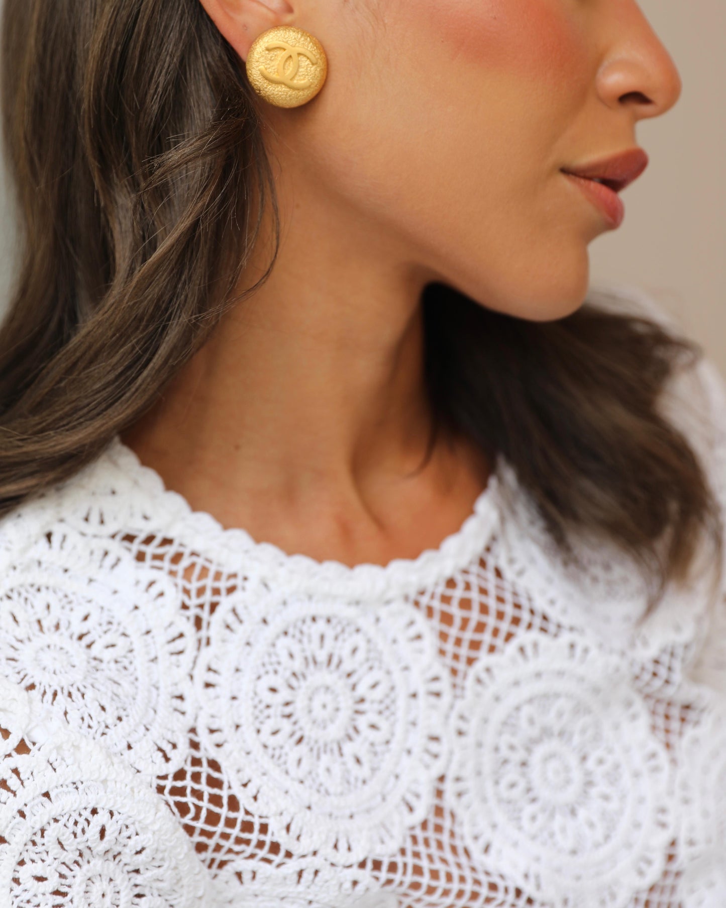 Chanel 94P Gold Textured Round Clip on Earrings with Gold CC Logo