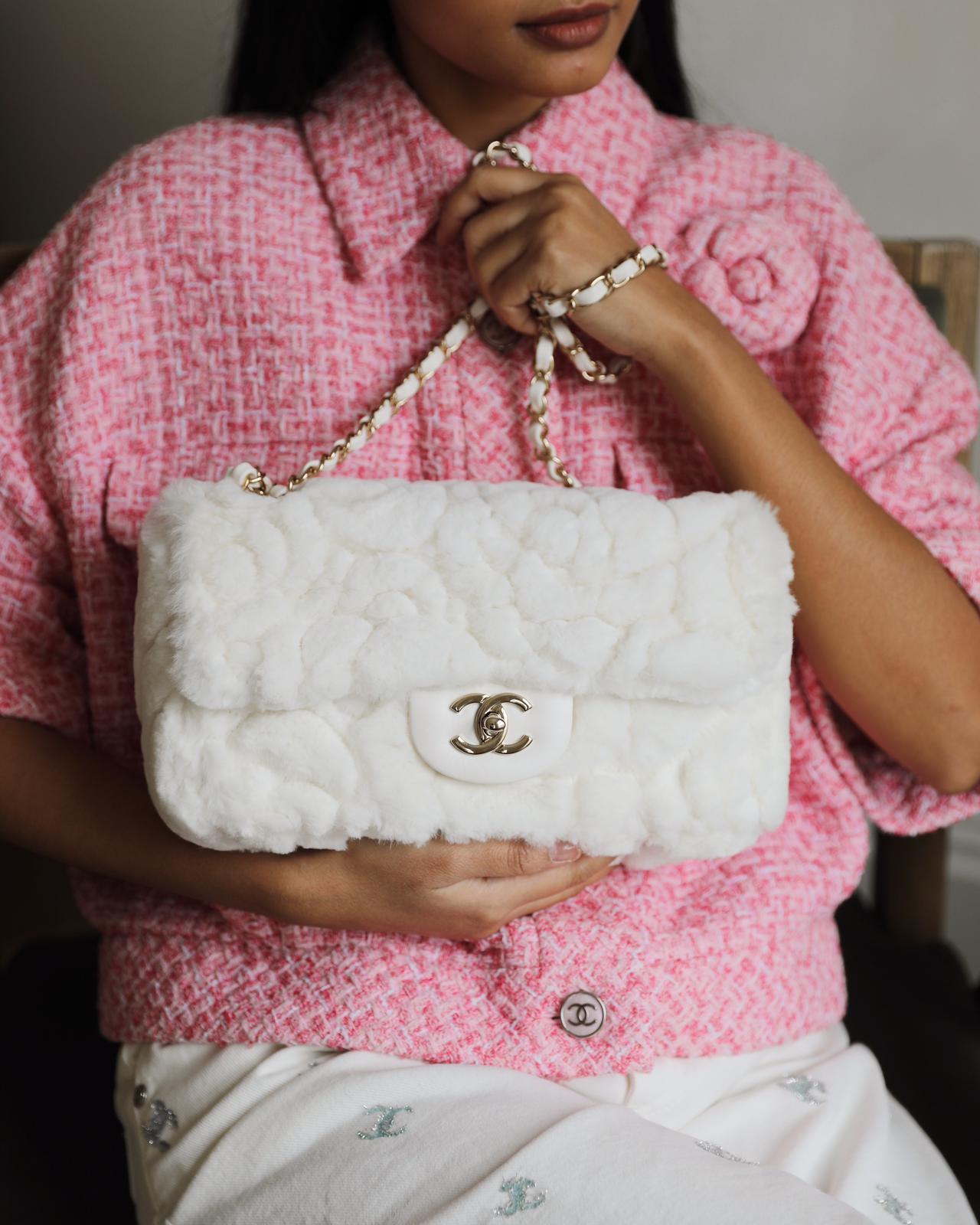 Chanel *Rare* White Rabbit Fur Classic Single Flap Bag With Camelia Flower Motif And Champagne Gold Hardware
