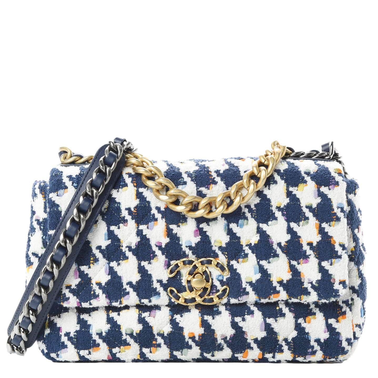 Chanel 19 Flap Medium Quilted Tweed Hobo Bag Navy Blue