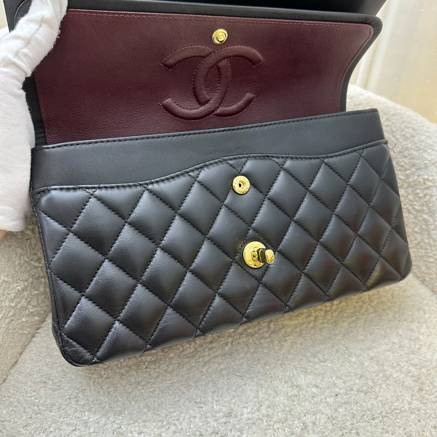 Chanel Medium Classic Flap CF in Black Lambskin and GHW (Model: A01112)