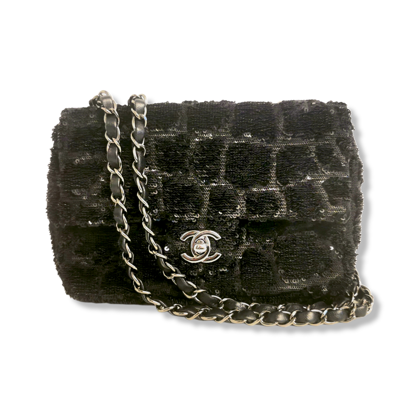 Chanel Classic Single Flap Small Black Sequins Silver