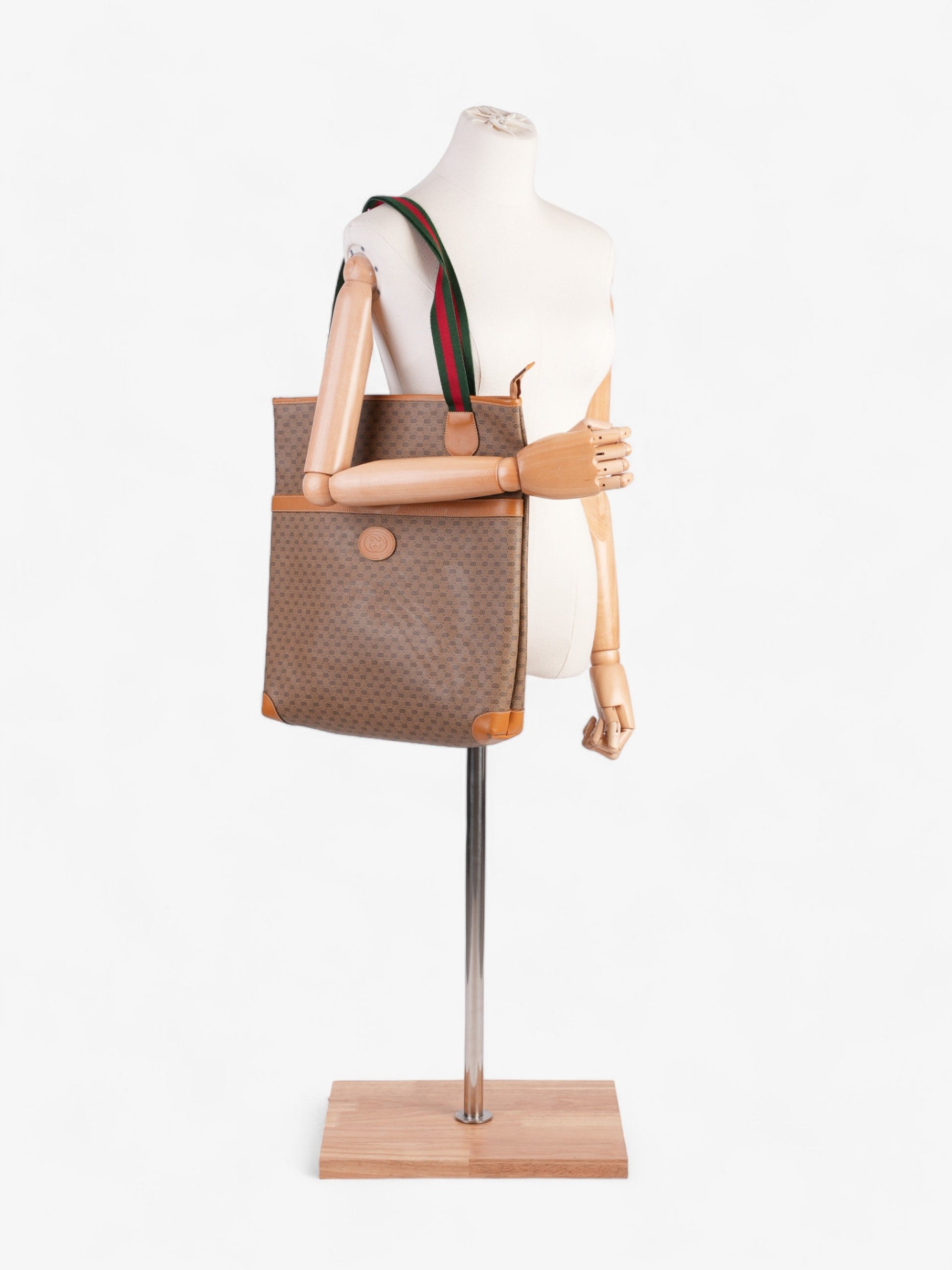 Gucci Supreme Tote Light Green And Web Coated Canvas Brown Shoulder Bag