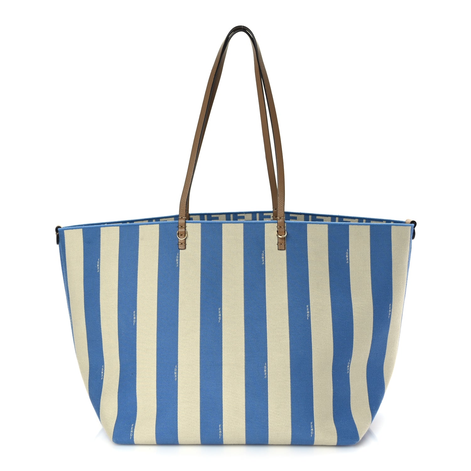 Fendi Handbag Pequin Stripe FF Roll Tote Cerulean Sand Canvas Beige Blue Shoulder Bag