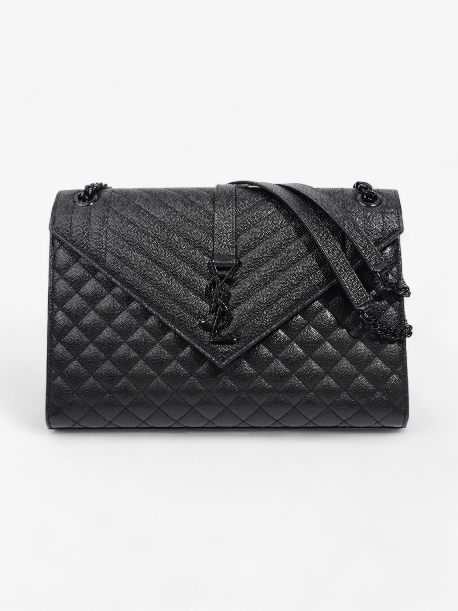 YSL Saint Laurent Envelope Grained Shoulder Bag Leather Black Large