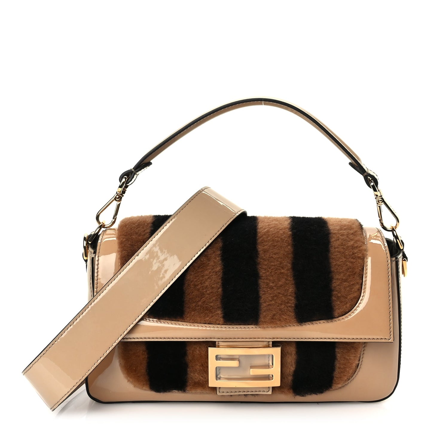 Fendi Handbag Shearling Vernice Mou Pequin Striped Baguette Tobacco Leather Patent Vitello Shoulder Bag