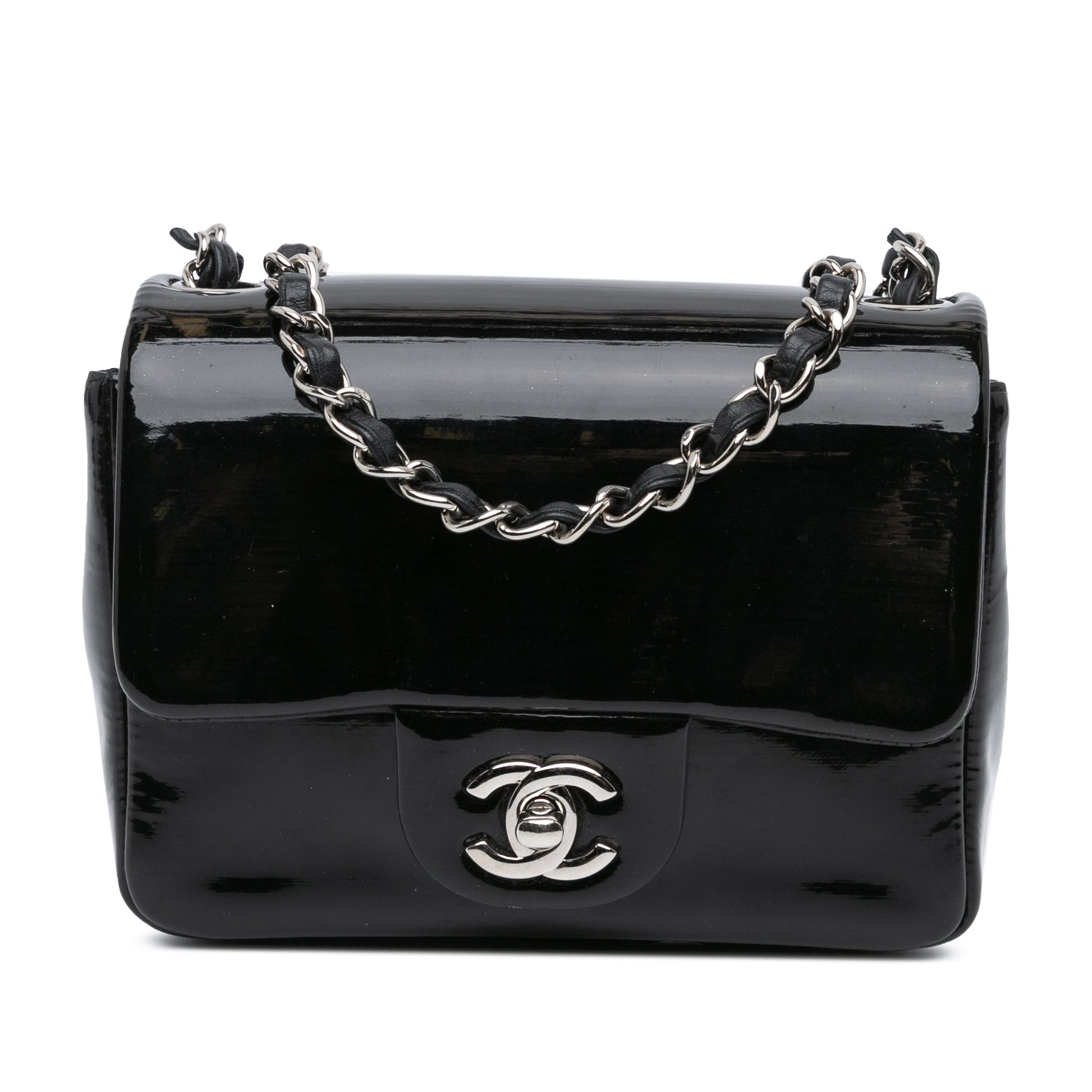 Black Chanel Mini Square Patent Single Flap Crossbody Bag