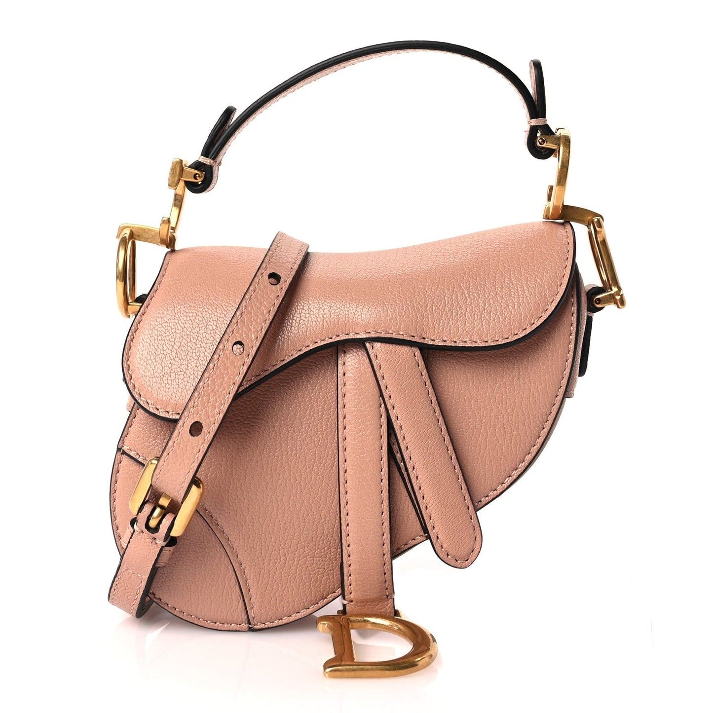 Dior Handbag Christian Goatskin Saddle Bag With Strap Rose Leather Beige Pink
