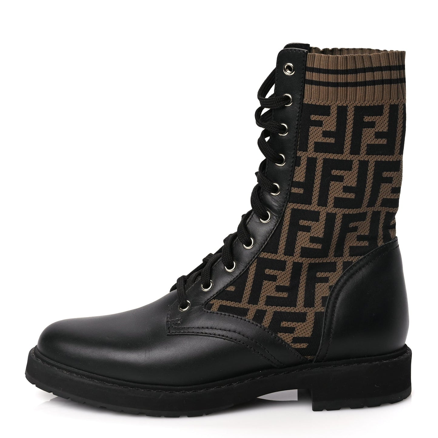 Fendi Shoe Calfskin Stretch Fabric FF Rockoko Biker Boots Leather Black Brown Shoes