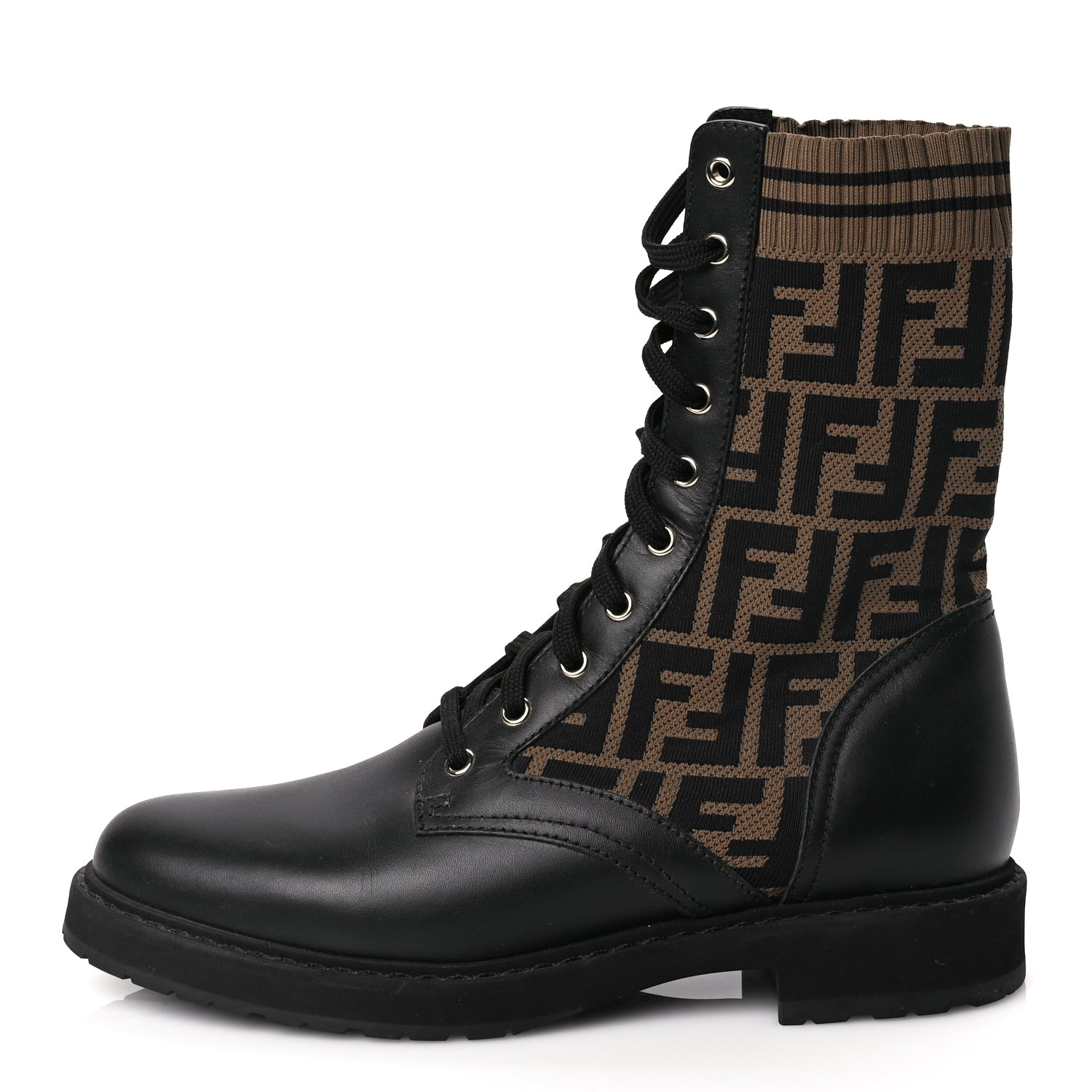 Fendi Shoe Calfskin Stretch Fabric FF Rockoko Biker Boots Leather Black Brown Shoes