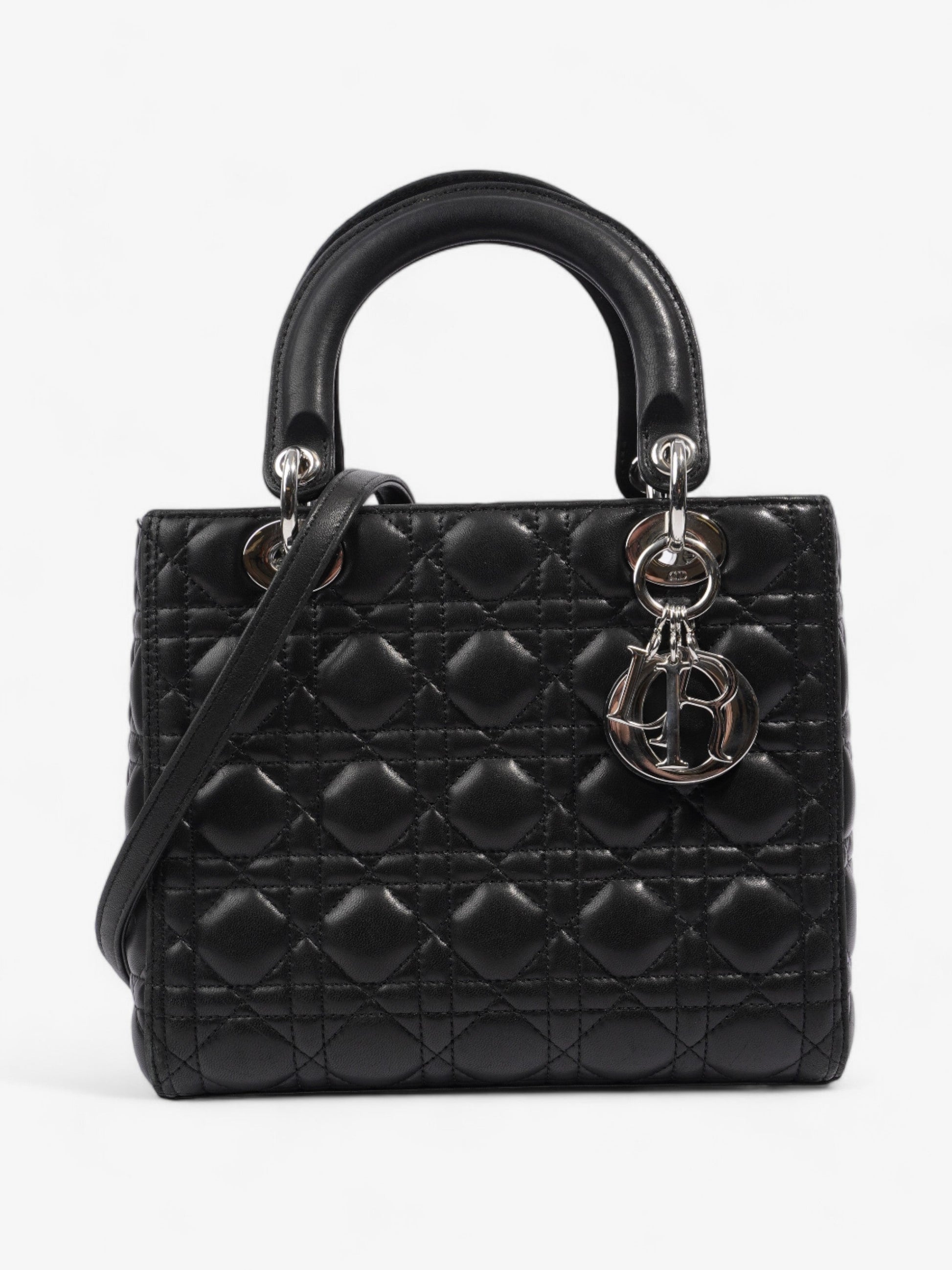 Dior Christian Lady Crossbody Bag Leather Black Medium
