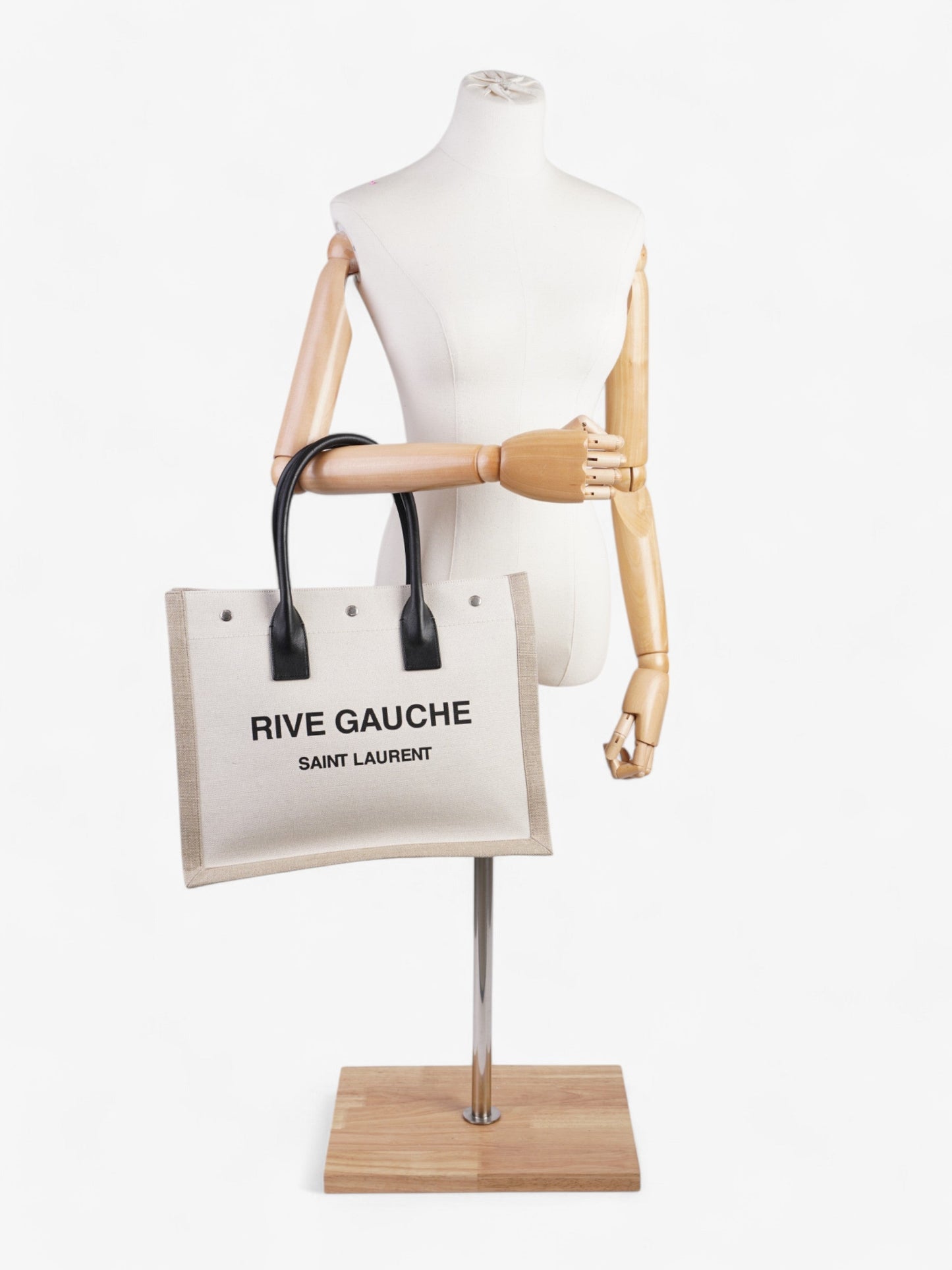YSL Saint Laurent Rive Gauche Tote Greige Canvas Black Small Tote Bag