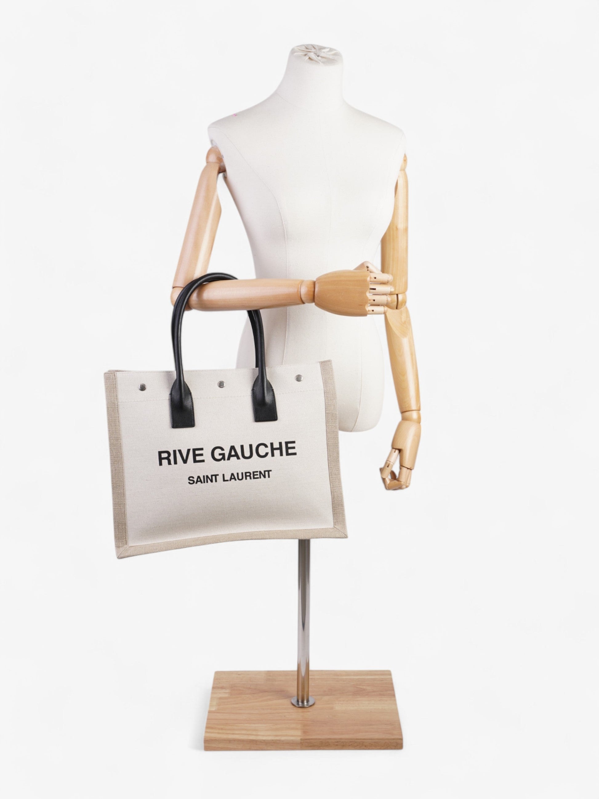 YSL Saint Laurent Rive Gauche Tote Greige Canvas Black Small Tote Bag