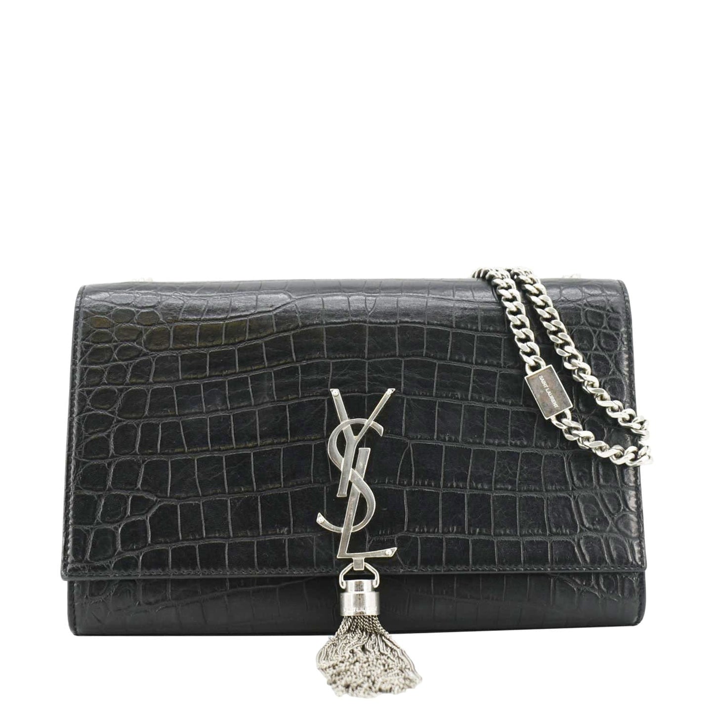YSL Saint Laurent Yves Kate Tassel Crocodile Crossbody Bag Leather Black Medium