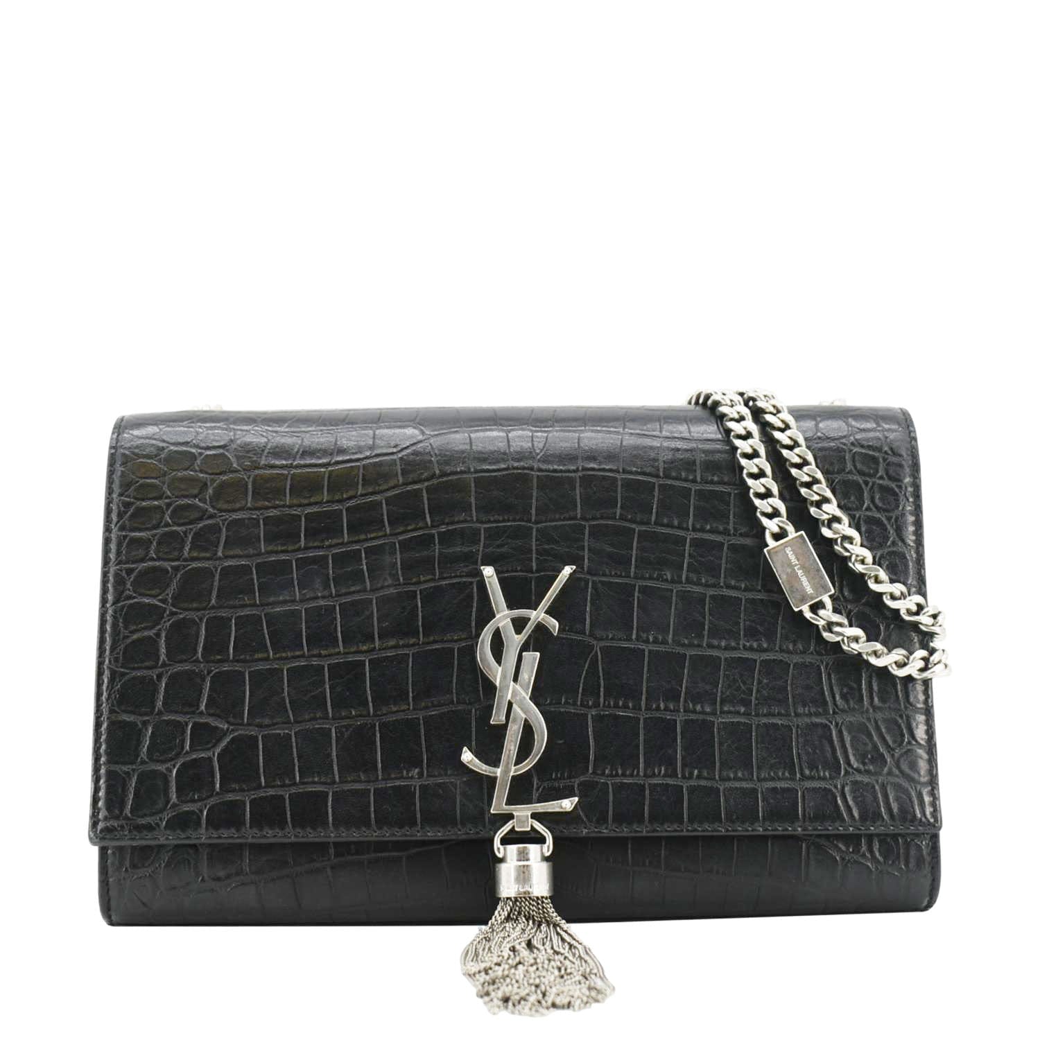 YSL Saint Laurent Yves Kate Tassel Crocodile Crossbody Bag Leather Black Medium