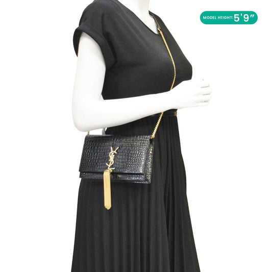 YSL Saint Laurent Yves Kate Tassel Crocodile Crossbody Bag Leather Black Embossed