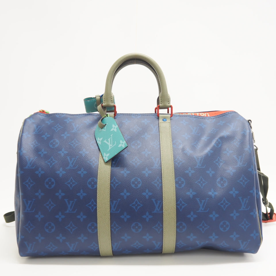 Louis Vuitton Boston Duffel M43855 pacific Keepall Monogram Leather Blue Travel Bag