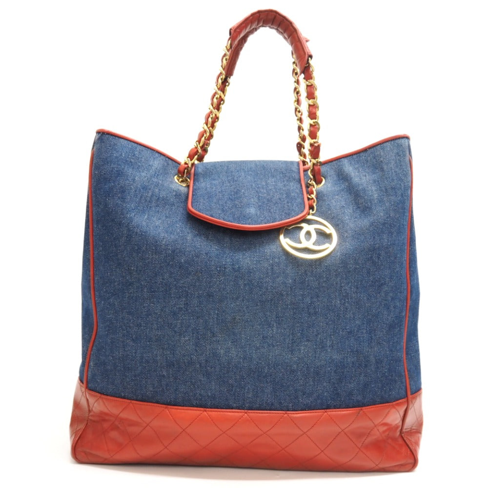 CHANEL Tote Bag Denim, Leather Navy ChainTote Bag COCO Mark Matrasse Women  