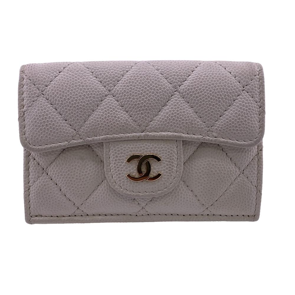 CHANEL Tri-fold wallet Caviar skin white Matrasse Compact wallet