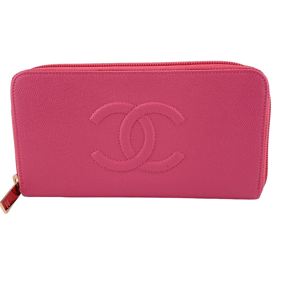 CHANEL Long Wallet Purse Caviar skin pink Round zip wallet COCO Mark Women