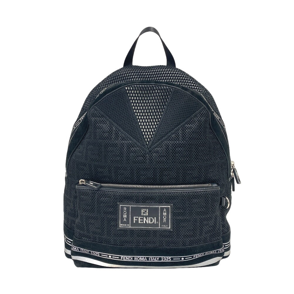 Fendi Backpack 7Vz042 Polyester Mesh Zucca Mens Unisex Leather Black