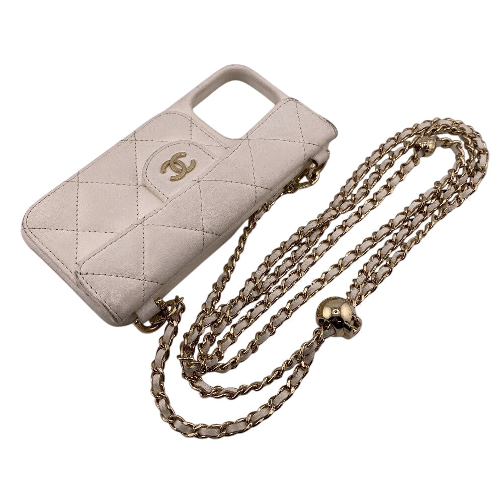 Chanel iPhone Lambskin COCO Mark Matrasse iPhone14PRO White Leather Handbag