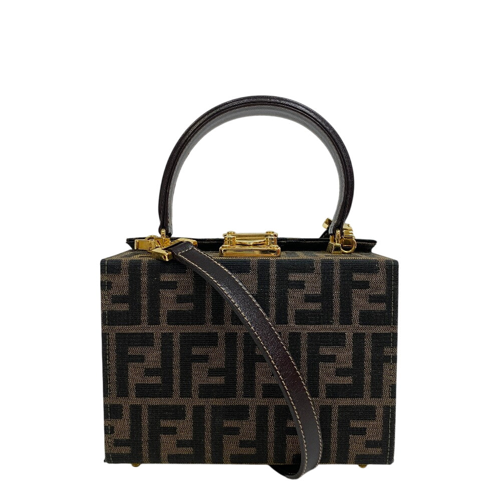 Fendi Handbag Box Shaped Bag Zucca Leather Canvas Brown Travel Bag