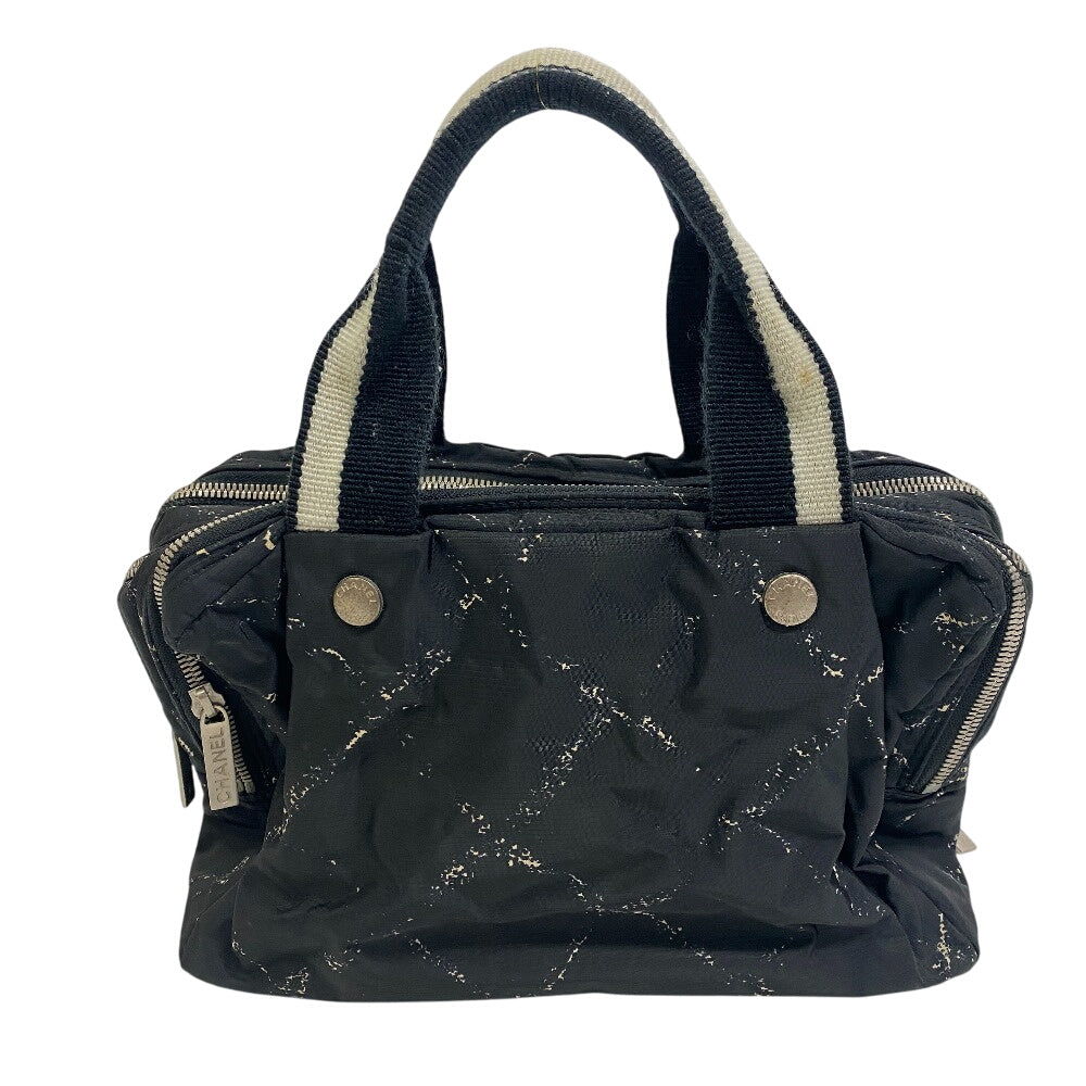 Chanel Nylon Boston Duffel Grid pattern old Black Canvas Travel Bag