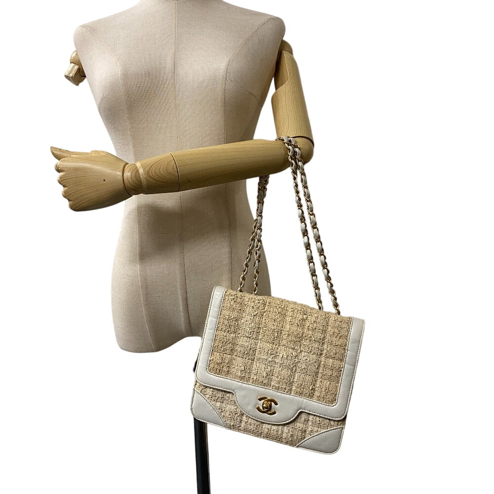 Chanel Tweed WChainShoulder COCO Mark Tweed White Leather Shoulder Bag