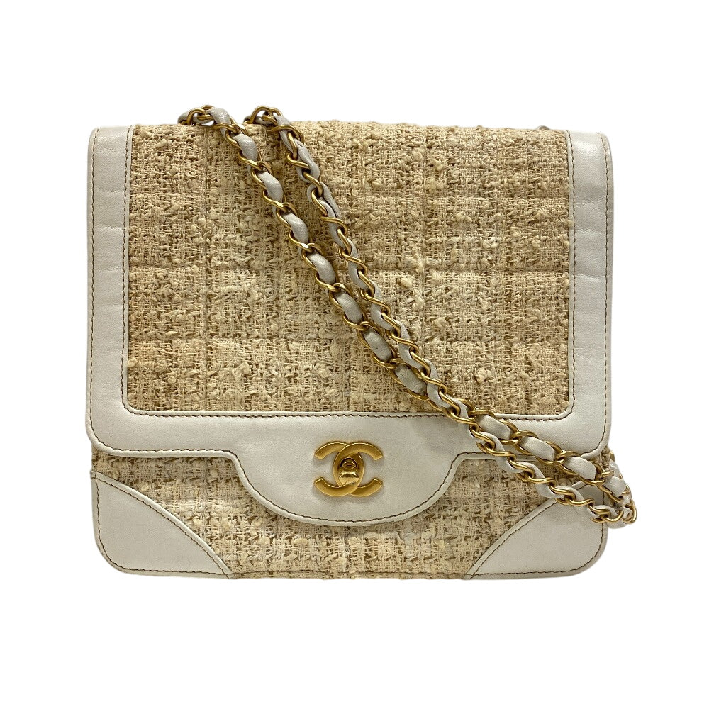 Chanel Tweed WChainShoulder COCO Mark Tweed White Leather Shoulder Bag