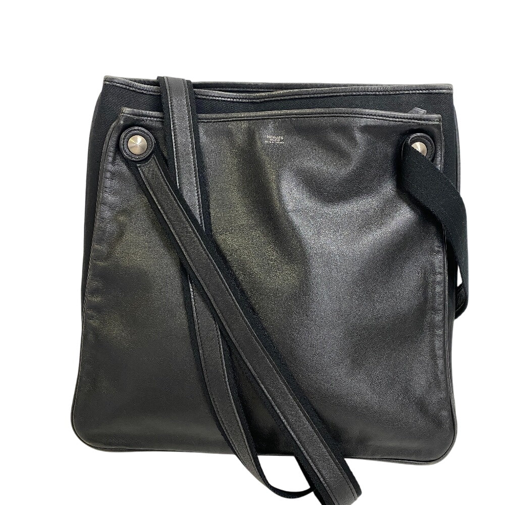 Hermes Shoulder Bag Mrs Hippies Leather Canvas Black