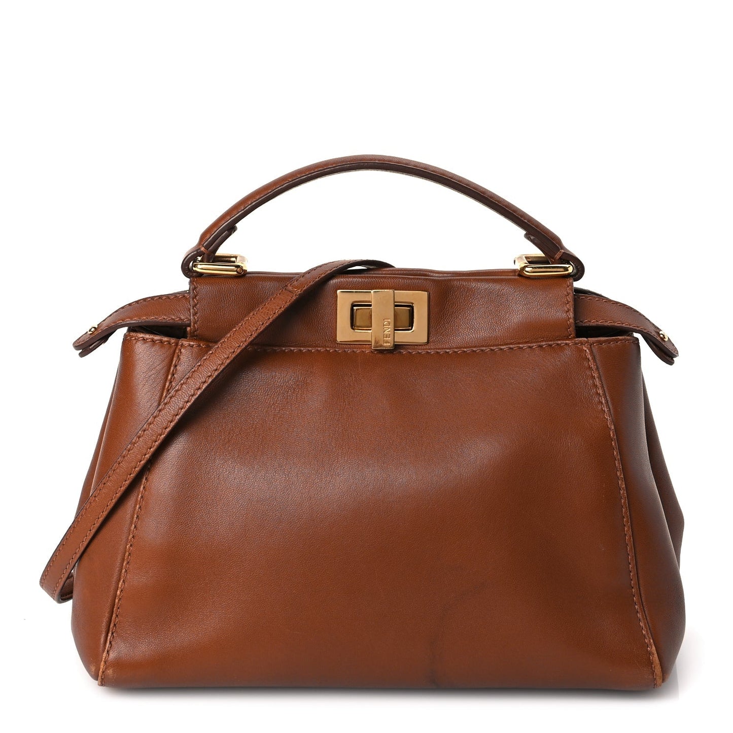 Fendi Handbag Nappa Peekaboo Iconic Satchel Corteccia Leather Brown Mini Satchel Bag