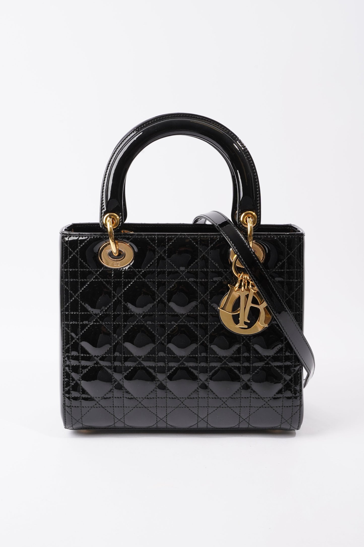 Dior Lady Handbag Leather Patent Black Travel Bag