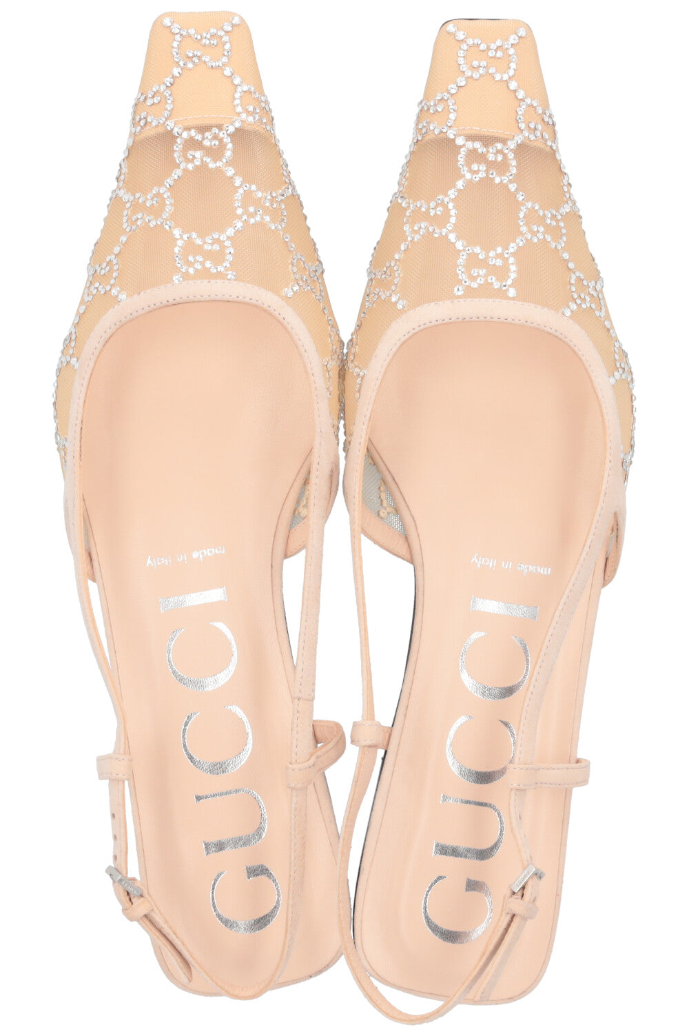 GUCCI GG Slingback Flats Crystals Mesh Beige