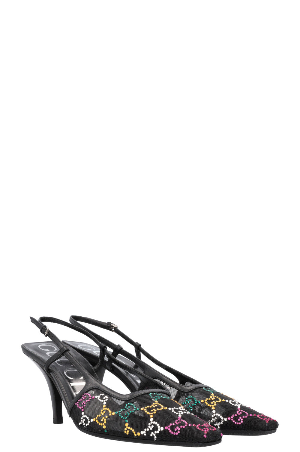 GUCCI GG Slingback Heels Crystals Mesh Multicolor Black