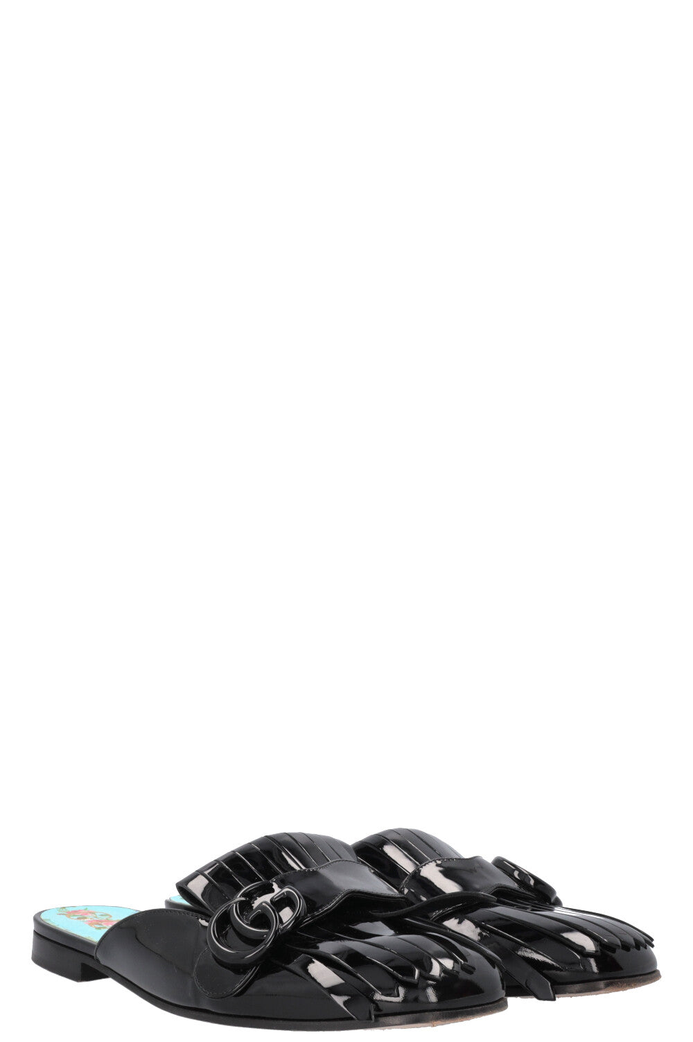 GUCCI Fringed Marmont Mules Patent Black