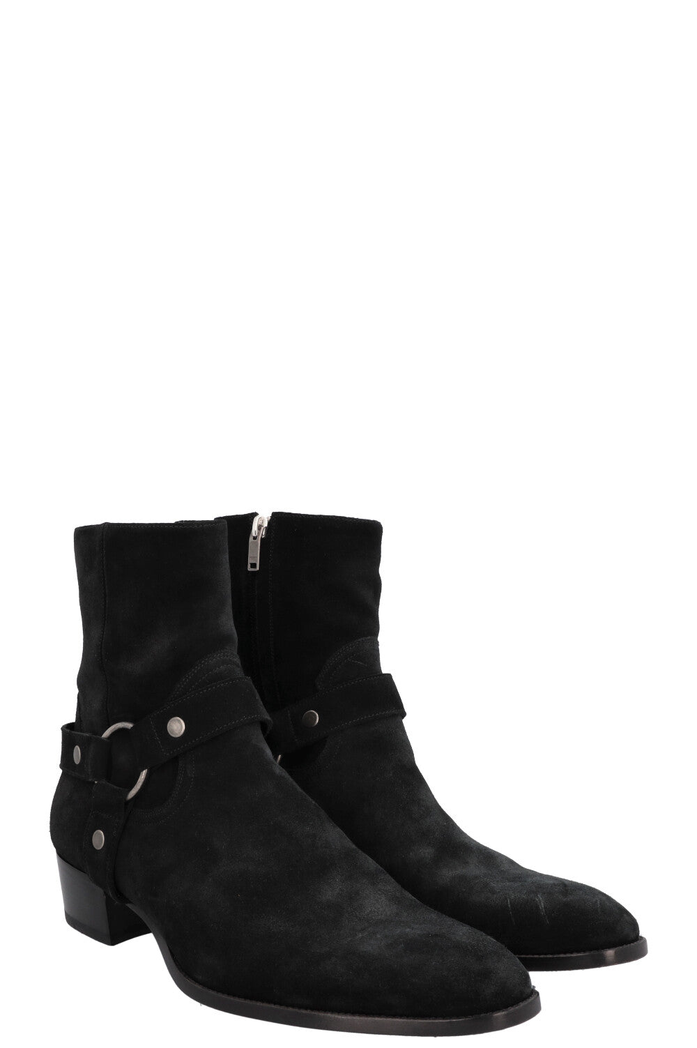 YSL Saint Laurent Wyatt Harness Ankle Boots Suede Black Shoes