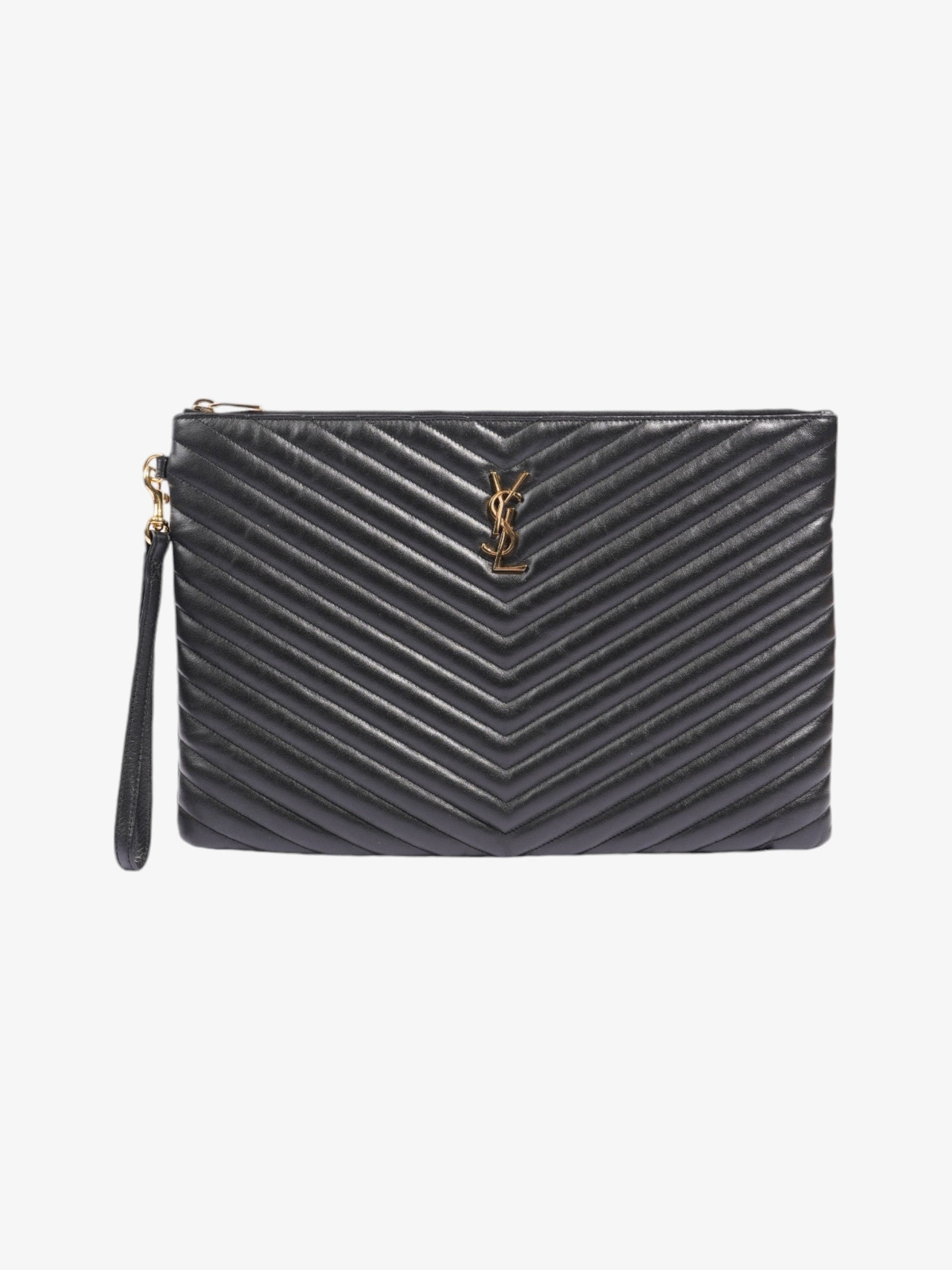 YSL Saint Laurent Cassandre Wristlet Clutch Bag Leather Matelasse Black Black Matelasse Leather