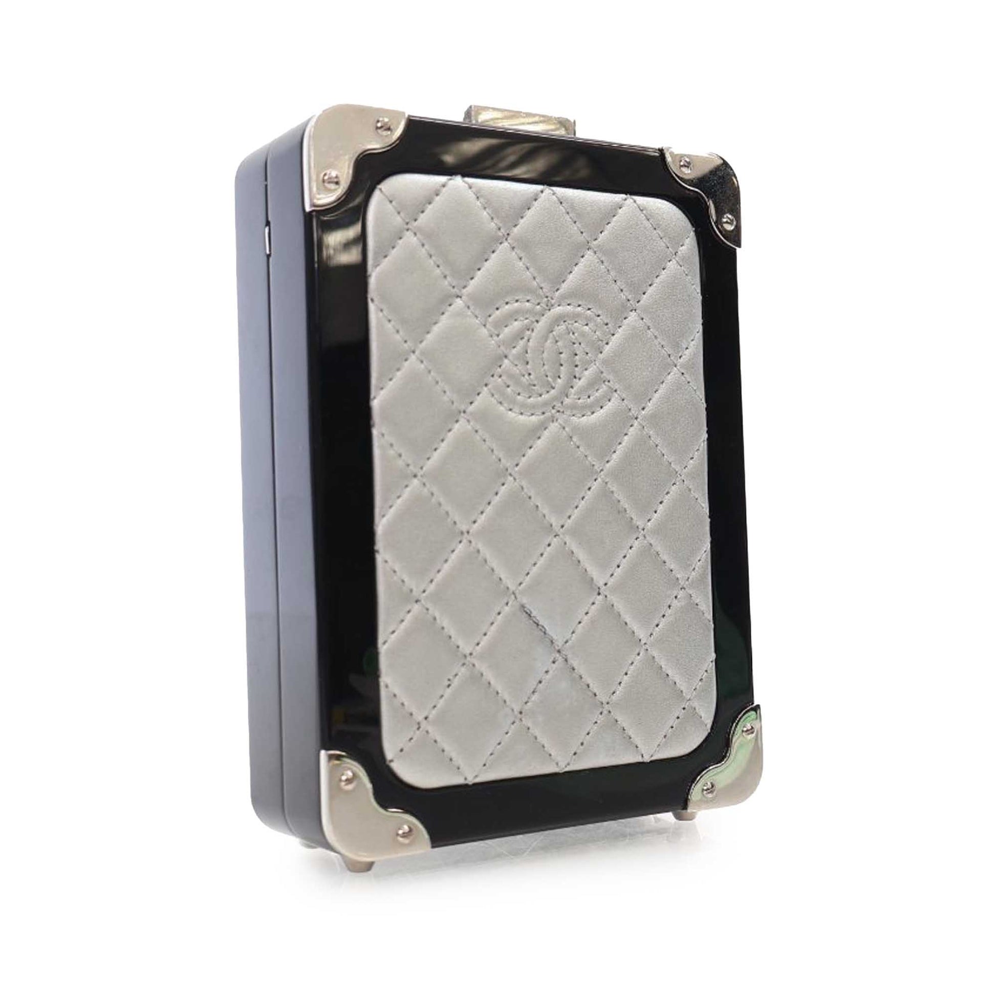 Silver Chanel Acrylic and Lambskin Evening In The Air CC Trolley Minaudiere Clutch on Chain Crossbody Bag