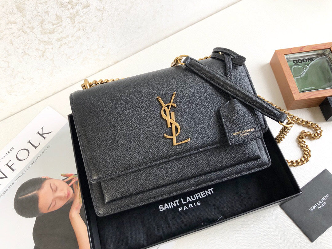YSL Saint Laurent Sunset 8in 22cm Black Medium Chain Handbag