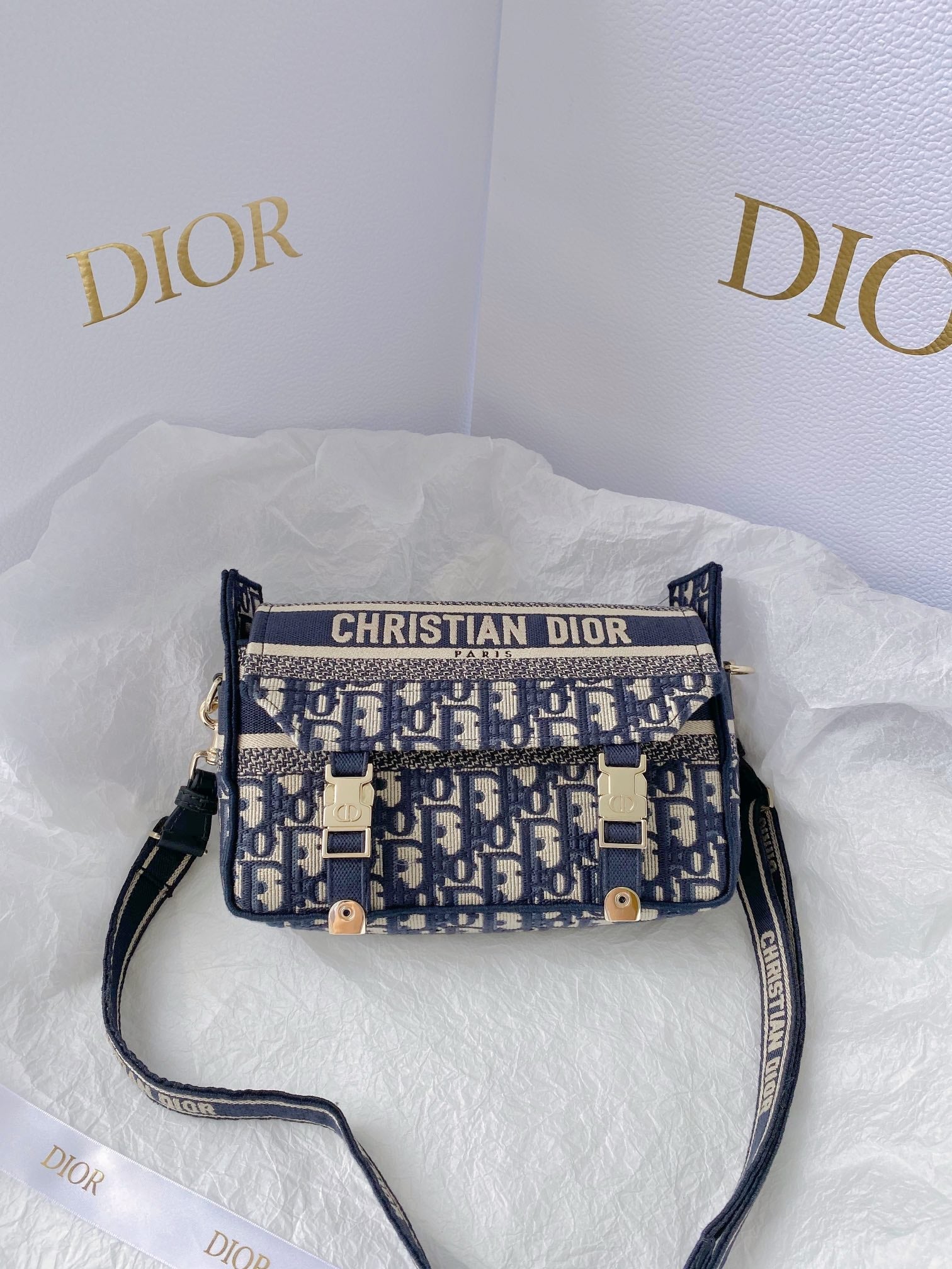 Oblique Embroidery Cd Blue Small Crossbody Bag