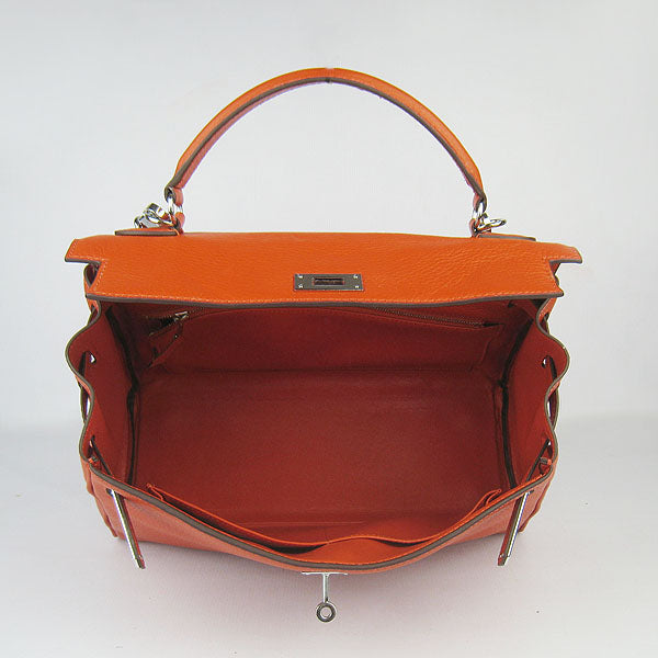 Hermes Luxury Kelly Cm Togo Orange Handbag Leather Silver Travel Bag
