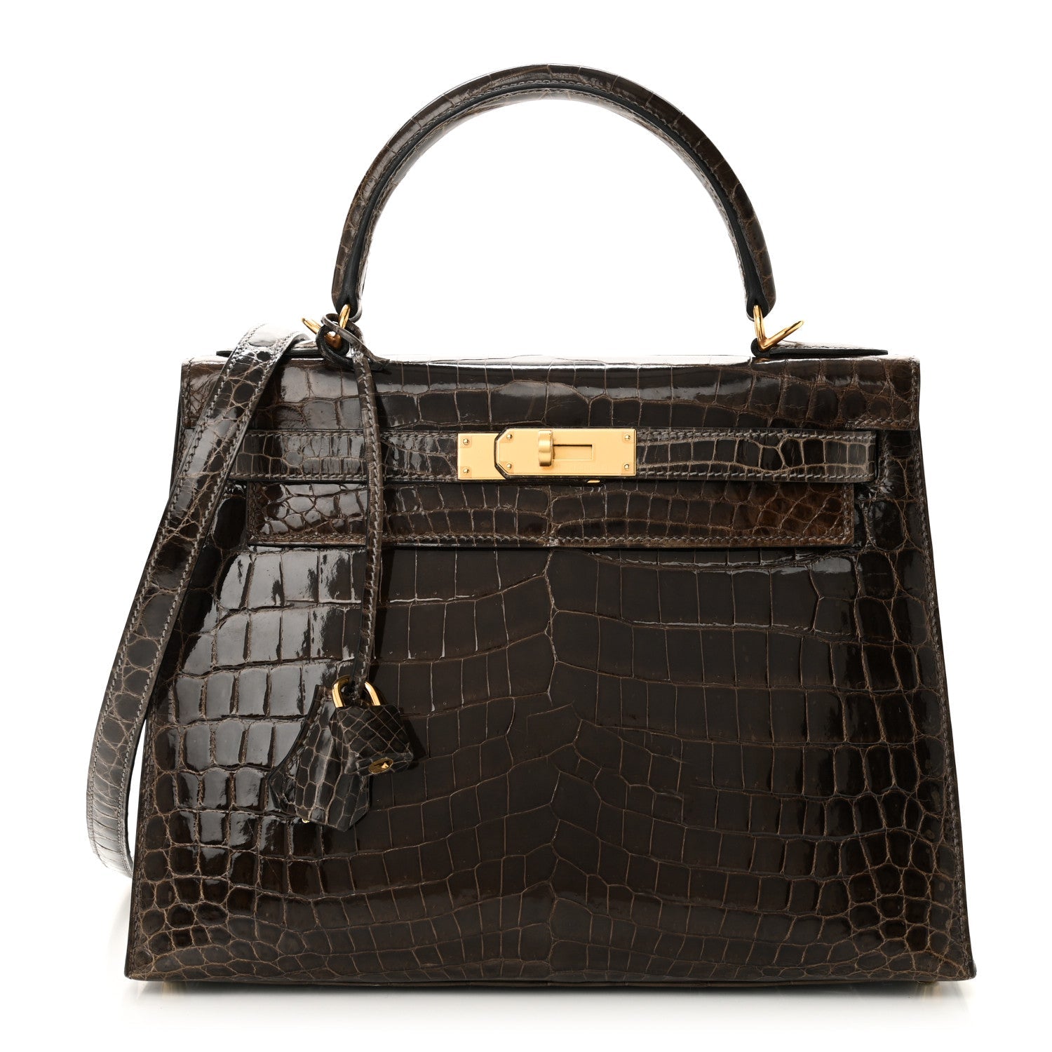 Hermes Shiny Niloticus Crocodile Kelly Sellier Gris Elephant Handbag Travel Bag