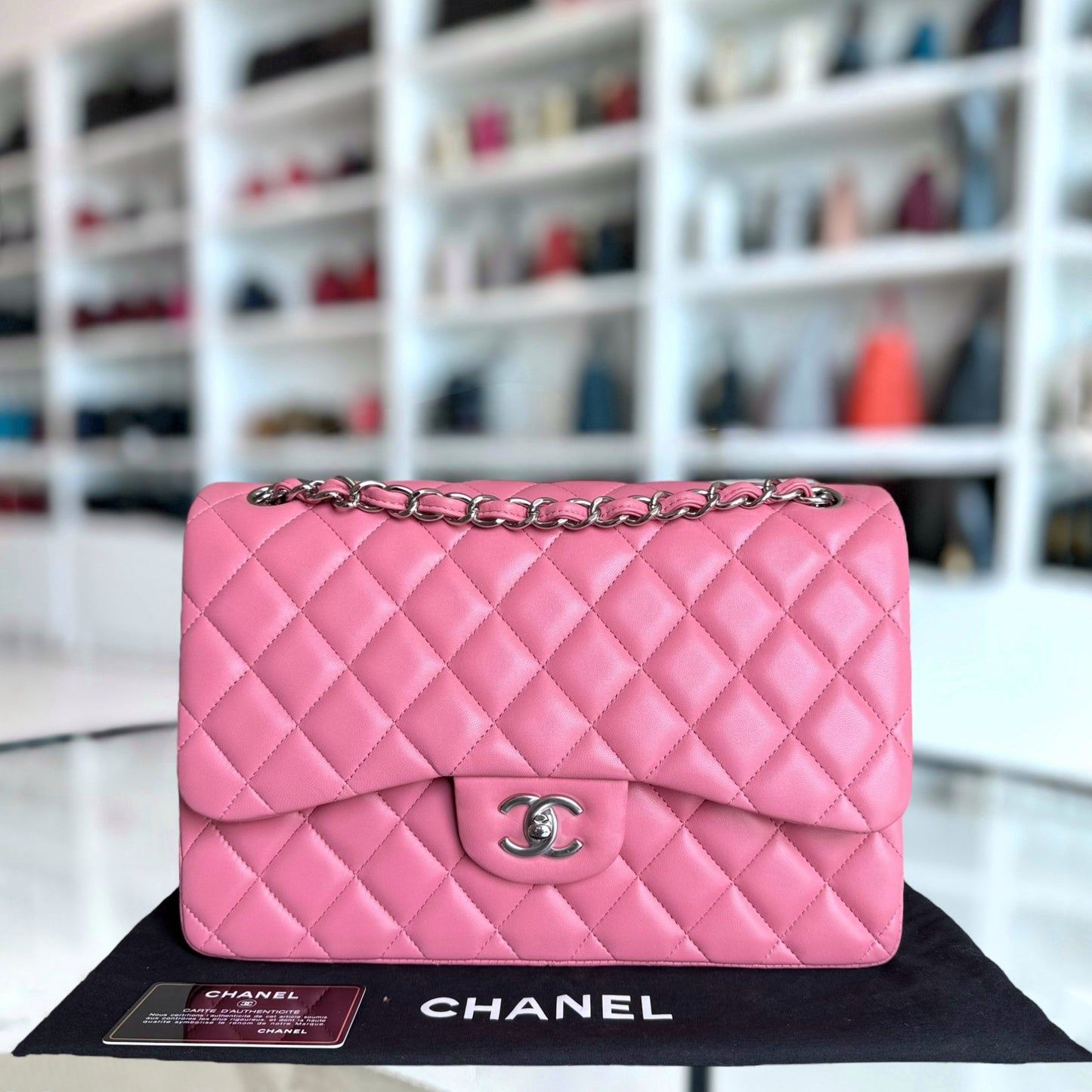 Chanel Classic Flap Jumbo - Double Flap 30CM Quilted Lambskin Pink Silver Hardware Series 18