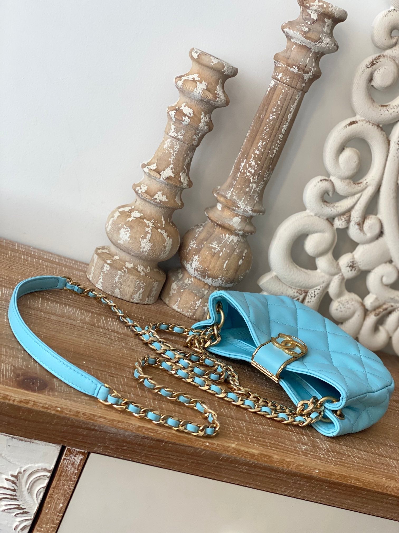 Chlsmall Hobo Bag Hardware For Women Handbags Blue Gold Shoulder Bag