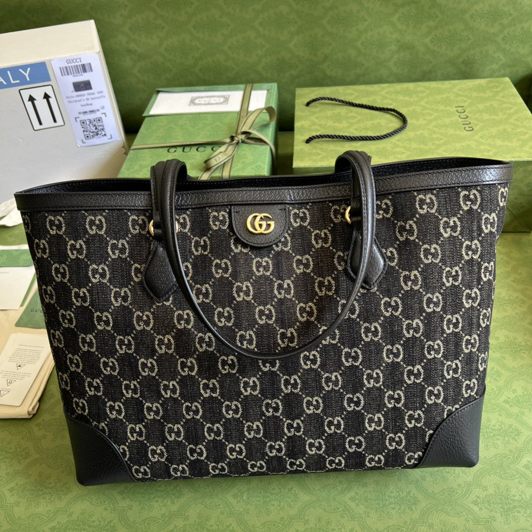 gg Ophidia Web Ivory gg Denim Black Medium Tote Bag