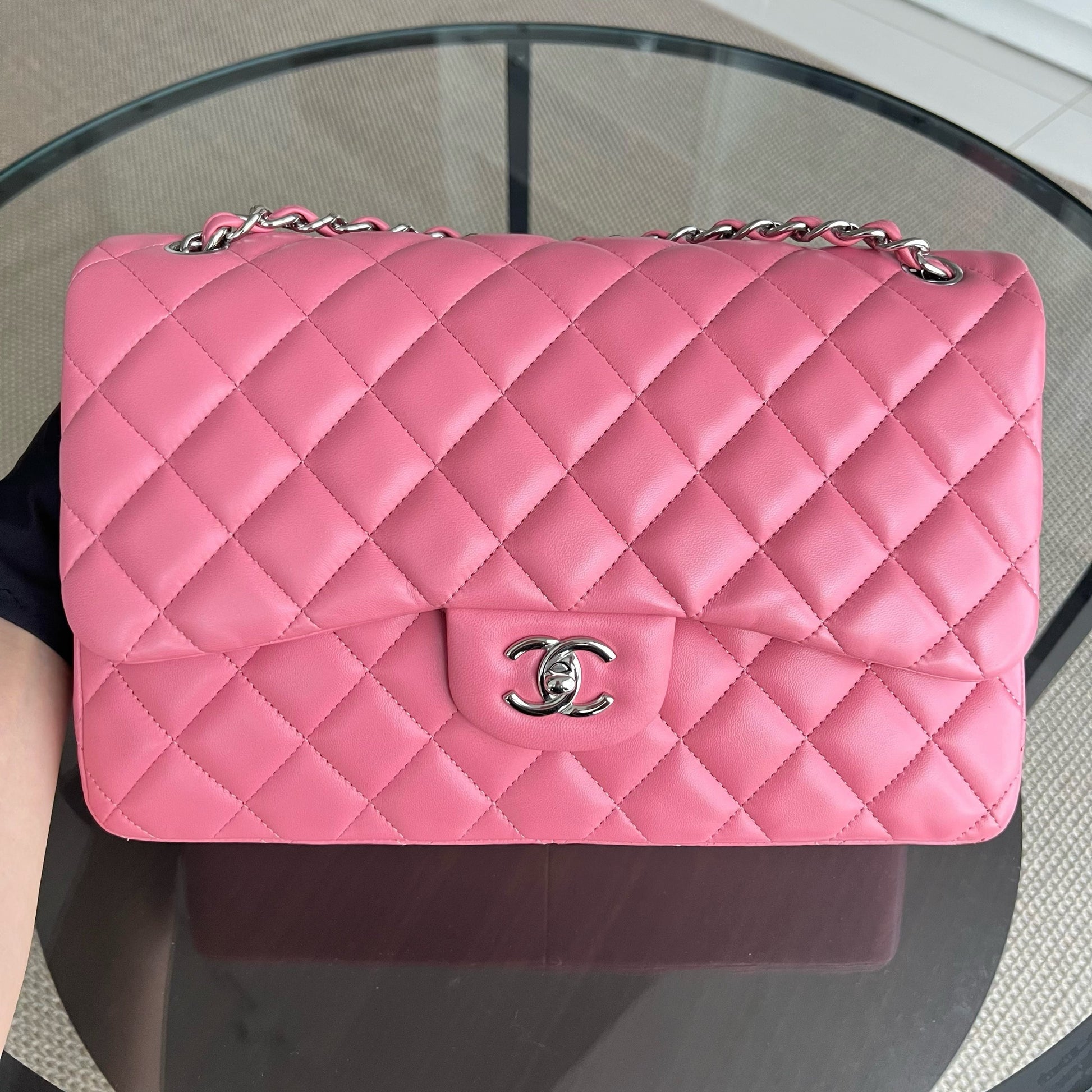 Chanel Classic Flap Jumbo - Double Flap 30CM Quilted Lambskin Sakura Pink Silver Hardware Series 18