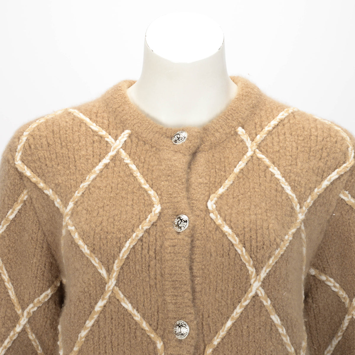 Chanel Beige Cashmere Diamond Quilted Cardigan Fr 40 Bag