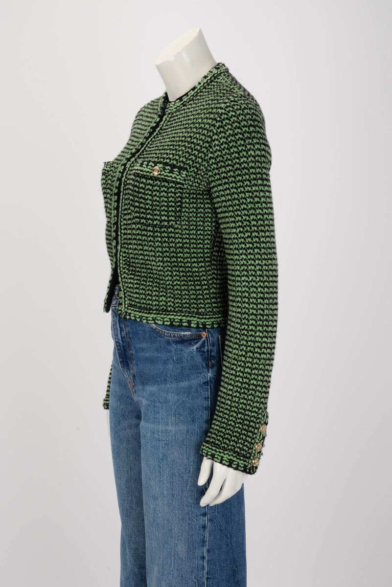 Chanel Green Chenille Knit Cc Button Cardigan Fr 34 Bag