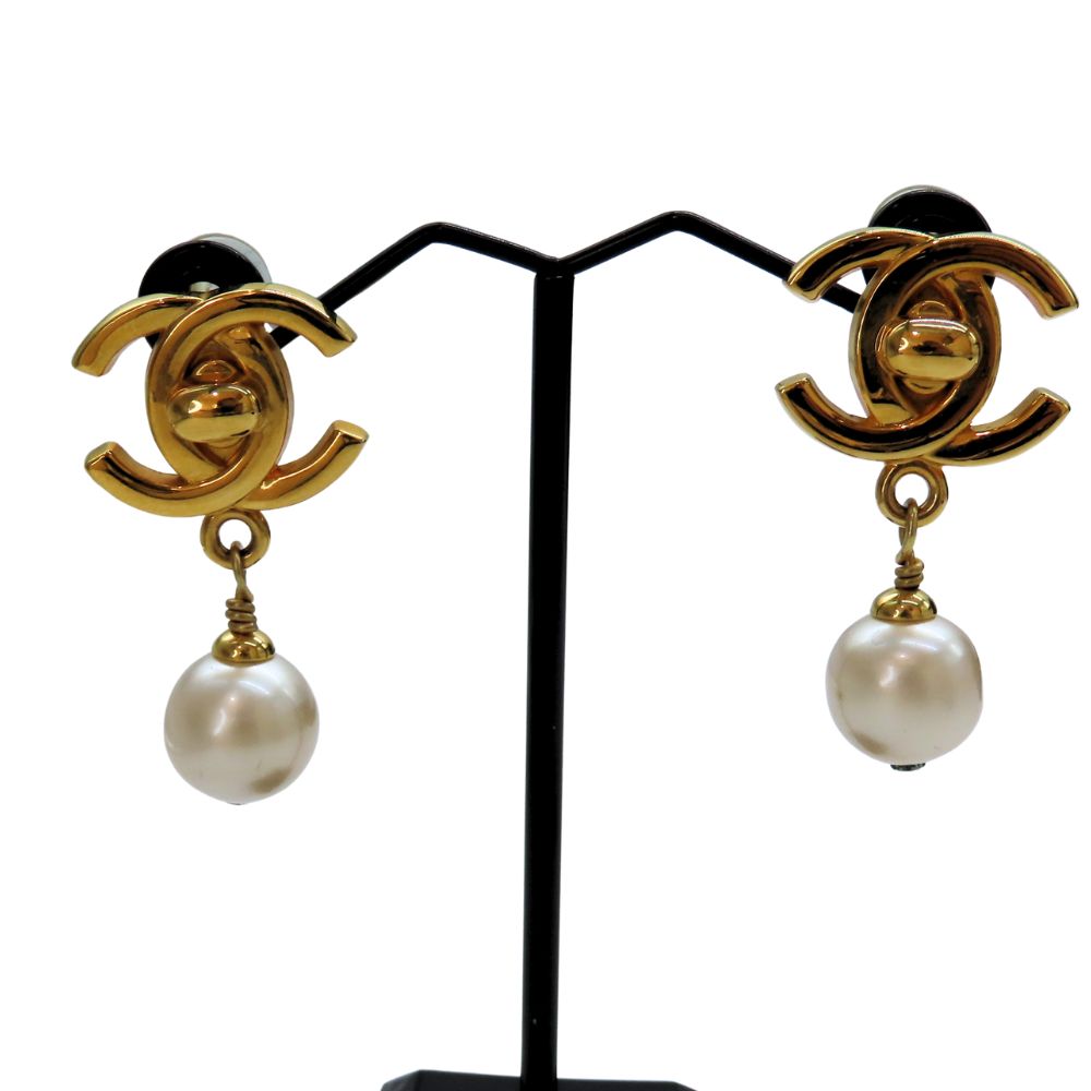 Chanel Gold Plated Faux Pearl Coco Mark   Earrings